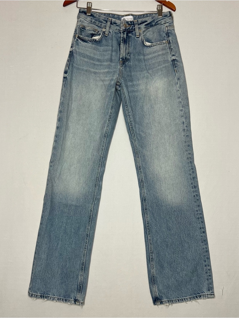Zara Jeans Womens Wide Leg Straight High Rise Distressed Raw Hem Boho Denim 4